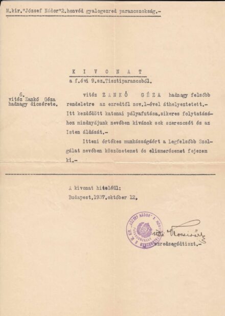 60-1606 1937 M.Kir. "József Nádor" 2. honvéd gyalogezred parancsnokság tisztiparancs kívonata