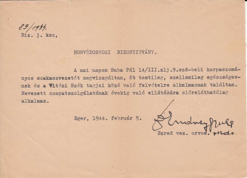 60-1605 1944 Honvédorvosi igazolás Vitézi Szék felvétele végett