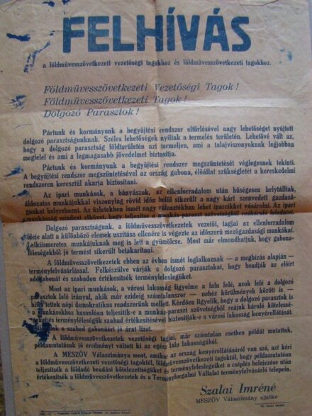 60-1598 1957 Plakát "FELHÍVÁS a földmüvelődésszövetkezet vezetőségi tagokhoz és földmüvelődésszövetkezeti tagokhoz." / Eredeti 42x29cm