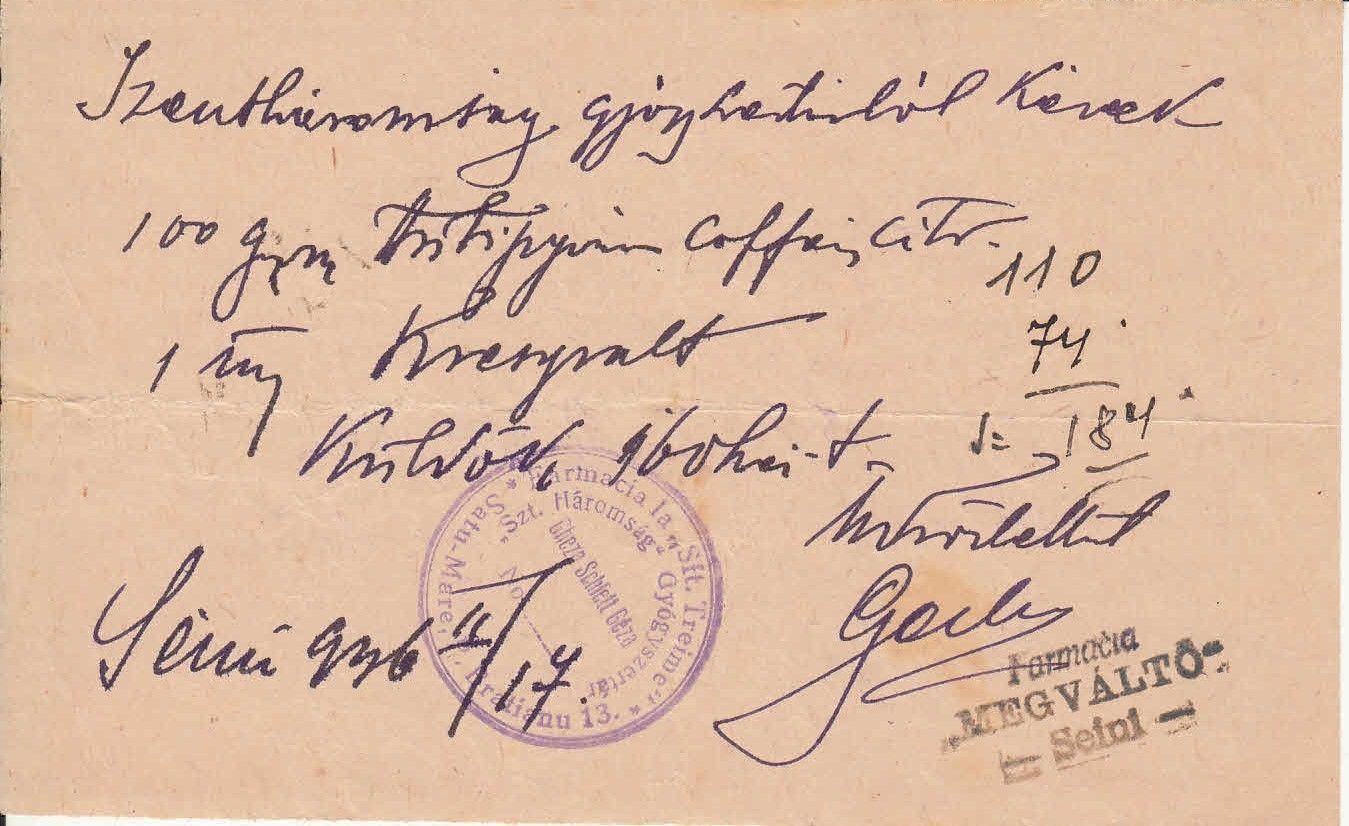 60-1468 1936 Megrendelő cédula a "Szt. Háromság gyógyszertár"-tól Seini (Szinérváralja, Rómánia) "Megváltó" gyógyszertár részére. A gyógyszertár körpecsétjével