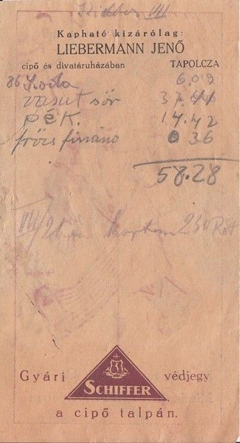 60-429 ~ 1930 Liebermann Jenő cipő és divatáruház kereskedő, Tapolca. számolócédulája