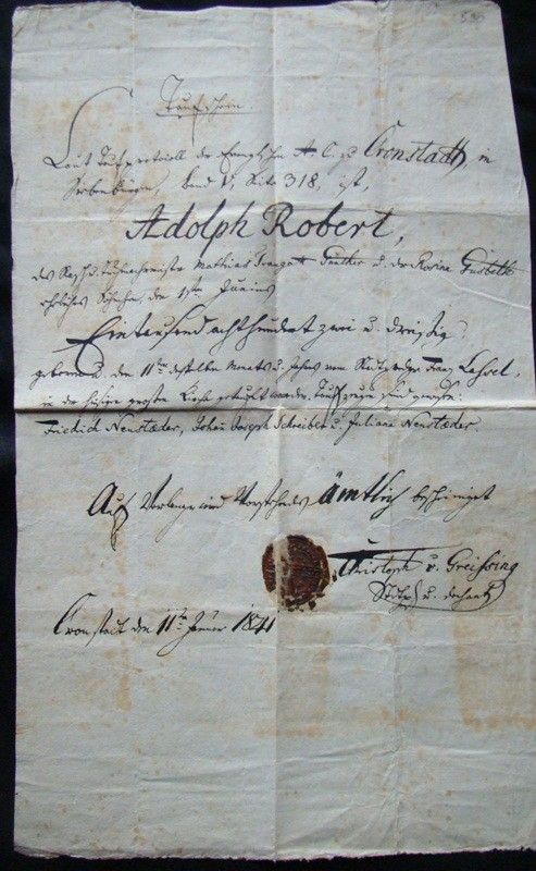 60-590 1841. Német nyelvű keresztlevél viaszpecséttel