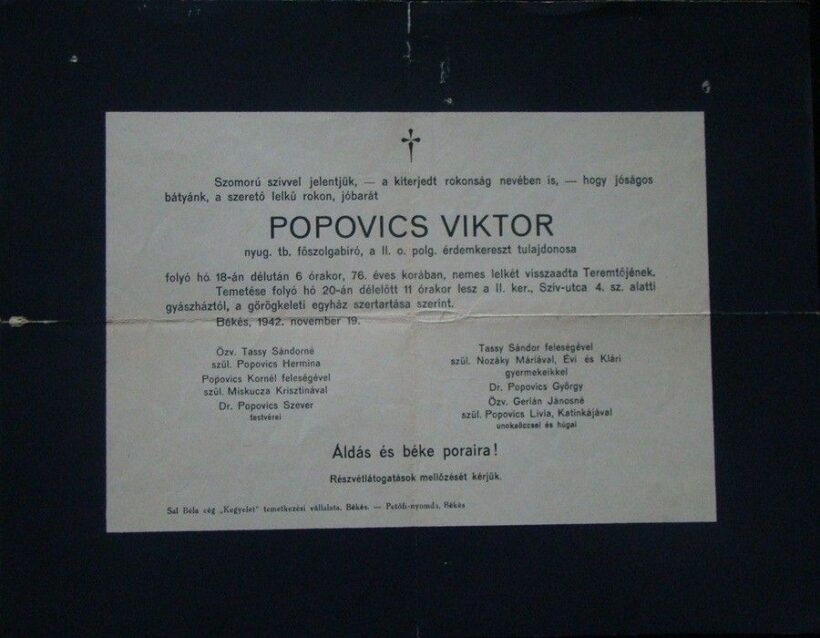 60-1111 1942. Gyászjelentés " Popovics Viktor főszolgabíró"