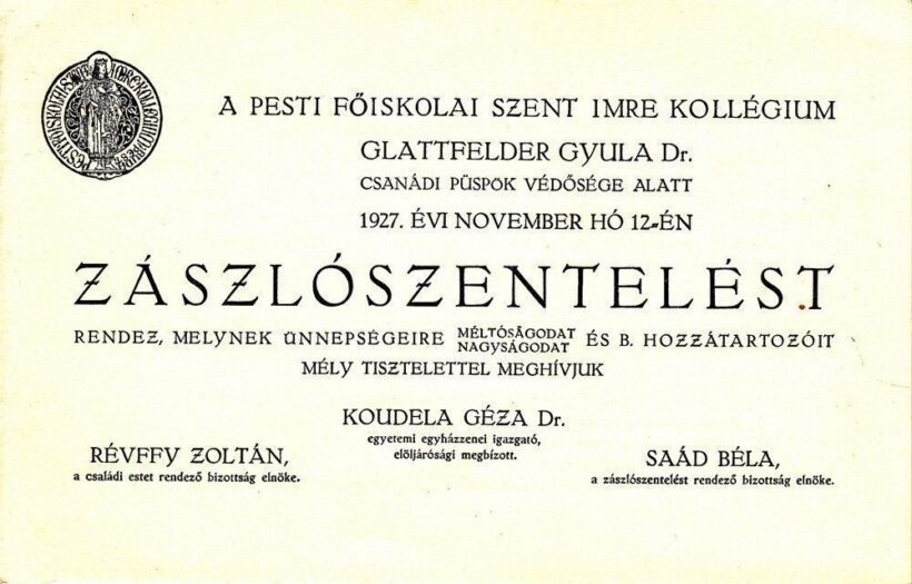 60-1265 1927 Meghívó a Pesti Főiskolai Szent Imre Kollégium zászlszentelésére