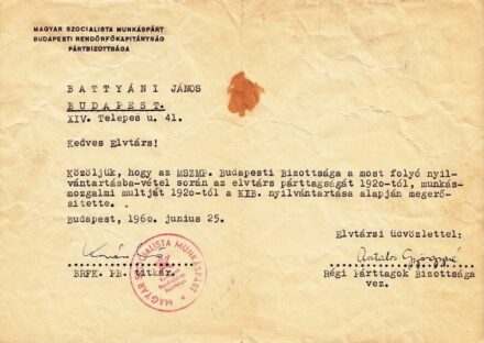 60-1268 1960 A MSZMP Budapesti rendőrfőkapitányság Pártbizottságának igazolása Kovács Ernő PB. titkár aláírásával