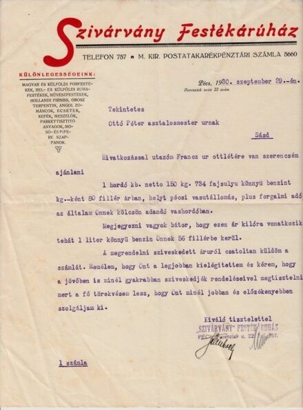 60-1272 1930 Pécs Szivárvány Festékárúház árajánlata