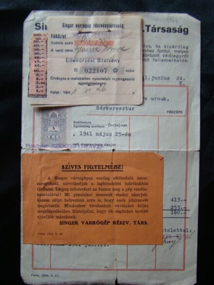 61-994 1941. "SINGER" varrógép számlája