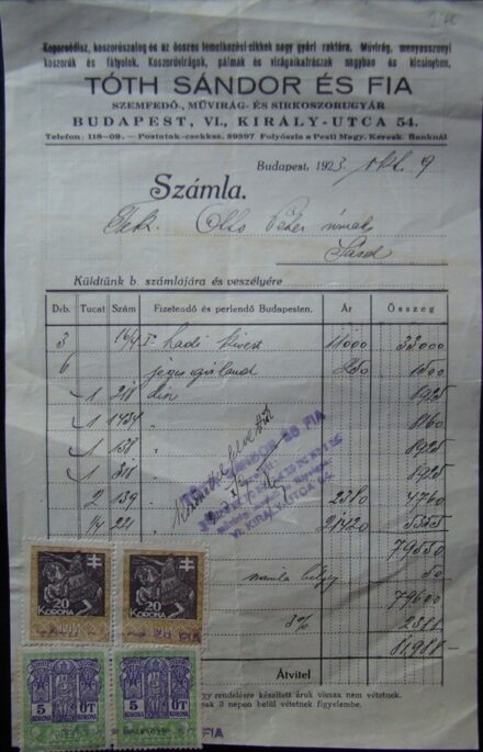 61-1669 1923.2 db 20 és 2 db 5 koronás Okmánybélyeges számla Tóth István és Fia
