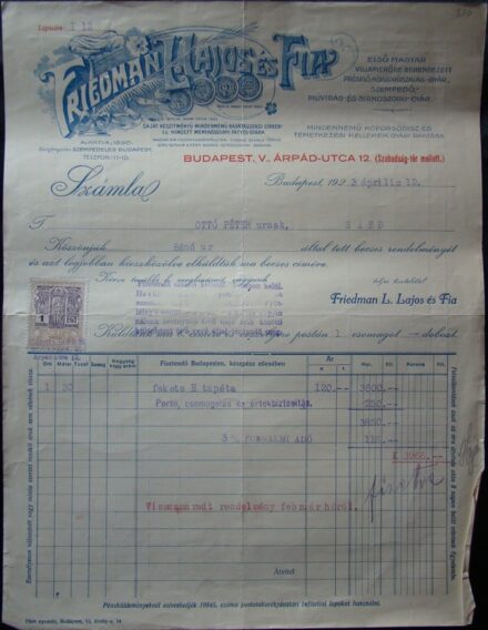 61-320 1923. Okmánybélyeges számla a Friedman Lajos és Fia.