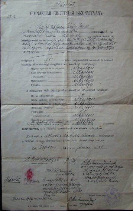 61-861 1923. Gimnáziumi érettségi bizonyítvány