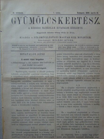 61-1187 1899 "Gyümölcskertészet" 7. szám. A községi faiskolák hívatalos közlönye