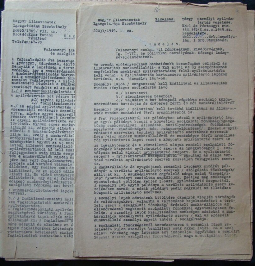 61-1188 1949. Bizalmas rendelet a Magyar Államvasutak Szombathelyi Igazgatóság részére a Személyi nyílvántartás vezetésére. Eplényi és a Tapolcai állomásfőnökségnek.