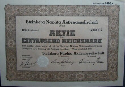 61-1198 Wien 1943. "Steinberg Naphta RT" részvénye 1000 Birodalmi márká-ról, szárazpecséttel