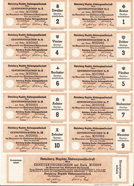 61-1199 Wien 1943. "Steinberg Naphta RT" 10 dbnyreményszelvénye