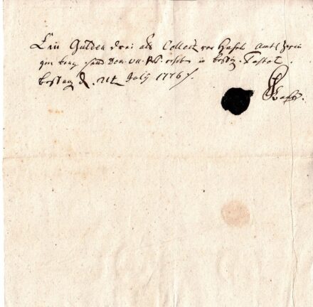 61-1388 1776 Latin nyelvű nyugta, fekete viszapecséttel