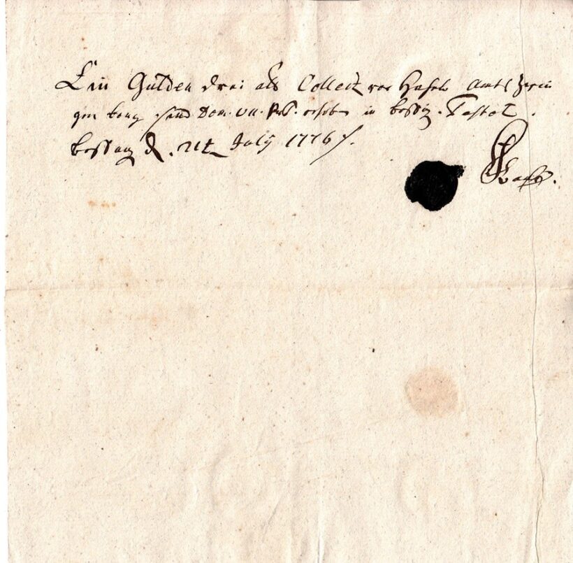 61-1388 1776 Latin nyelvű nyugta, fekete viszapecséttel