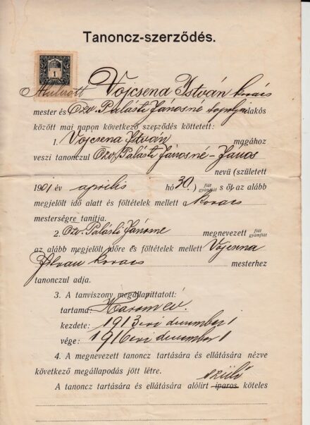61-1612 1913 Tanonc szerződés okmánybélyeggel és a Topolyai Ipartestület pecsétjével