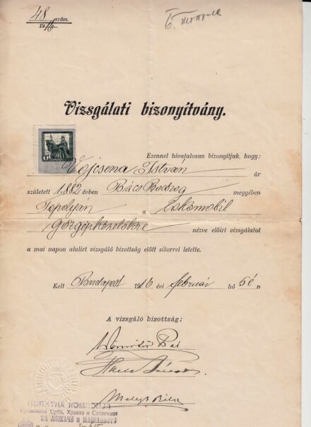 61-1613 1916 Gépkezelői vizsgabizonyítvány, szárazpecséttel