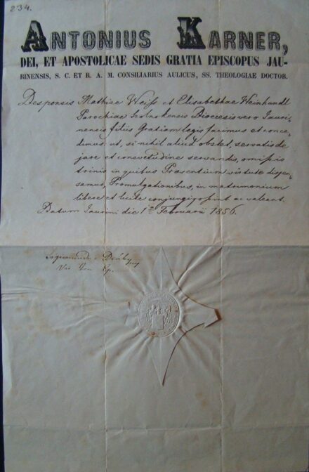 61-1615 1856 Kerner Antal győri püspök fejléces levéle Deáky Zsigmond (1795-1872) költő, nyelvész, római katolikus pap, a Magyar Tudományos Akadémia tiszteleti tagja. aláírásával