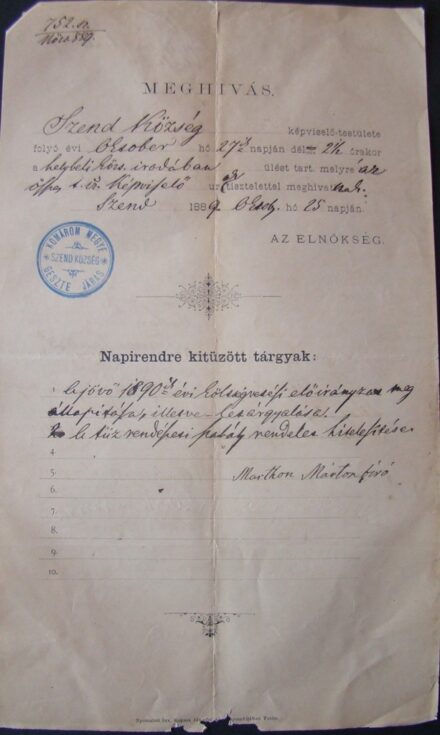 61-1681 1889 Meghívó képviselő testületi ülésre, testületi tagok aláírásával