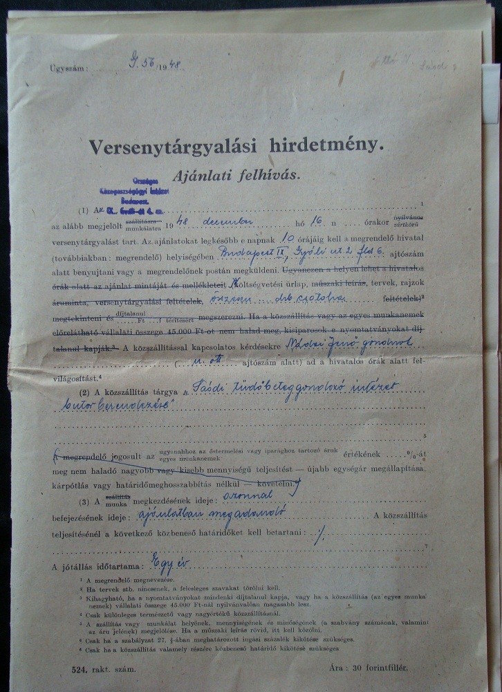 62-921 1948. A sásdi tüdőgondozó intézet butorberendezésére Versenytárgyalási hírdetmény