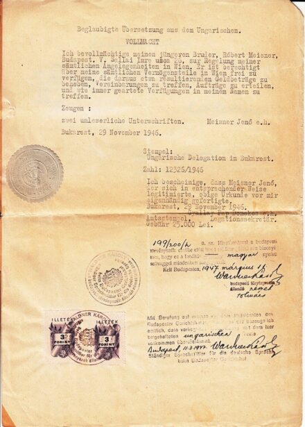62-615 1946. Hitelesített meghatalmazás "Magyar Delegáció Bukarestben" körpecséttel