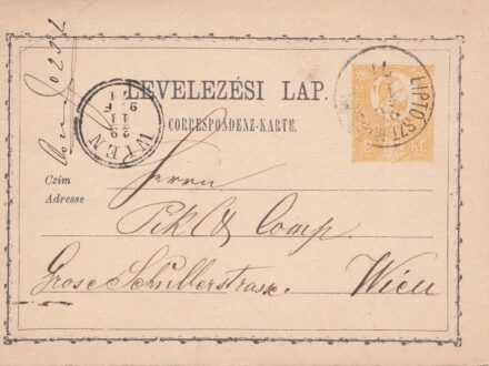 62-713 1874 2kr levelezőlap "LIPÓT-SZENTMIKLÓS" - "WIEN"