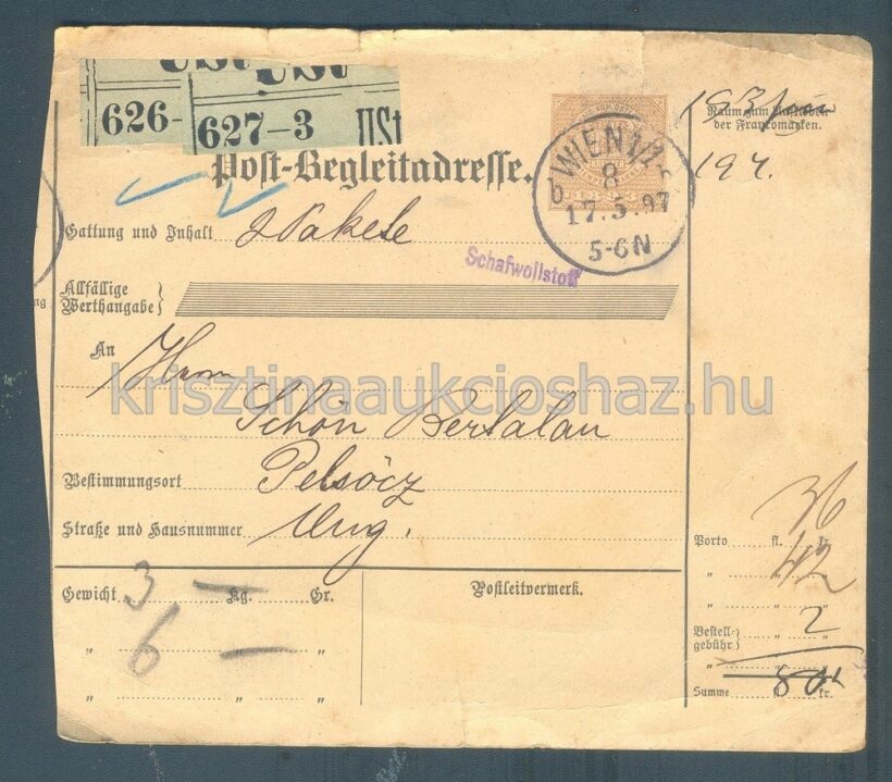 62-109 1897. 5k csomagkísérő gyapjúszövet feladásáról