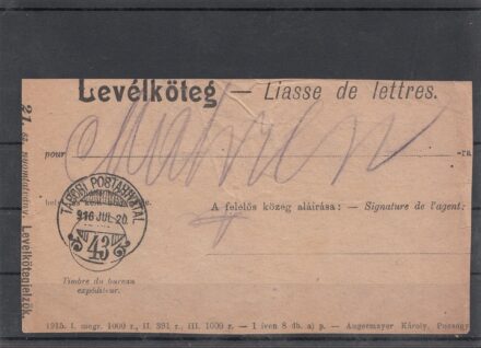 62-616 1916. Levélkötegelő Tábori Postahivatal körbélyegzővel.
