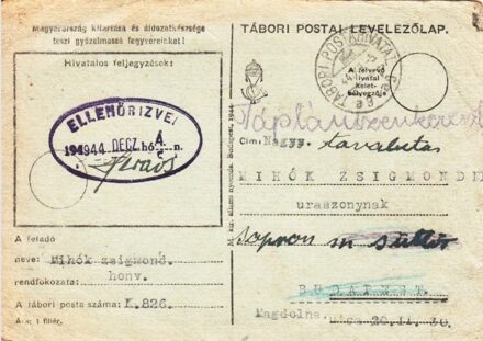62-879 1944. Cenzúrált Tábori postai léevelezőlap