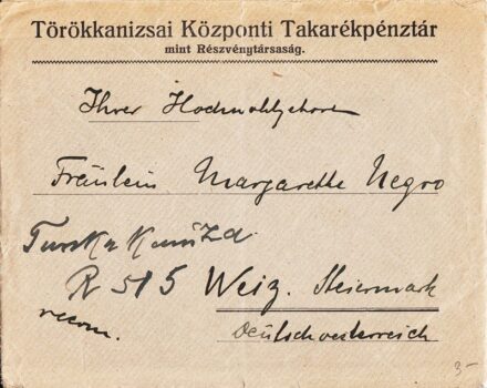 62-1205 Levélboríték a Törökkanizsai Központi Takarékpénztár Rt. fejlécével