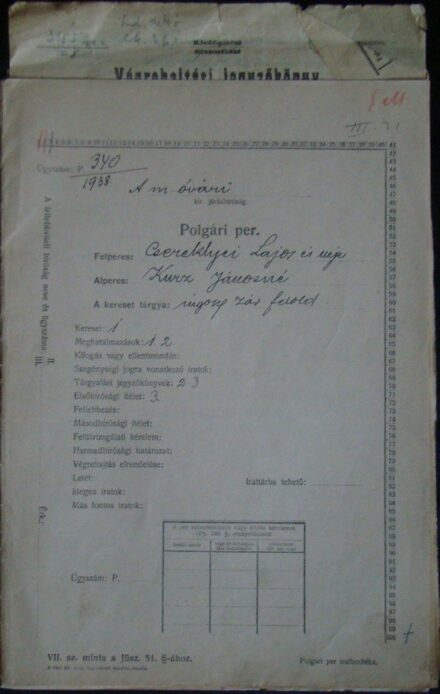 62-1209 1938 Polgári peres ügyirat, Magyaróvári biróság/ teljes