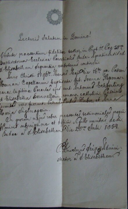 62-1151 1854 Igazolás házasság kötésről