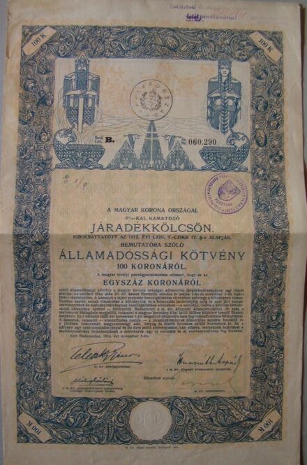 62-1301 1914 Államadósági kötvény / Járadék kölcsön 100 koronáról, szelvényel és szárazpecséttel, pecséttel