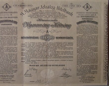 62-1045 1906 Magyar Jelzálog Hitelbank kötvénye 100 koronáról, szárazpecséttel