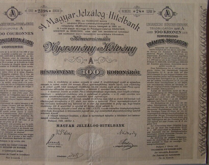 62-1045 1906 Magyar Jelzálog Hitelbank kötvénye 100 koronáról, szárazpecséttel