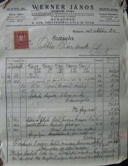62-636 1933 Verner János (Budapest) fejléces számlája, okmánybélyeggel