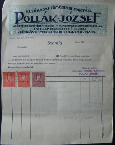 62-1546 1928 Pollák József butorgyáros fejlécdes számlája (Baja)