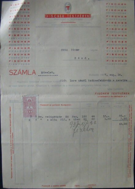 62-1290 1937 Fischer testvérek Üvegcsiszoló és Tükörgyár Rt fejléces számlája Budapest