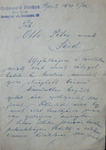 62-374 1947 Grünvald Béláné holokauszt túlélő butorgyáros levele (Budapest)
