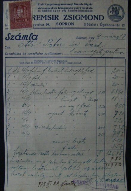 62-1578 1922 Kremsir Zsigmond fejléces számlája (Sopron)