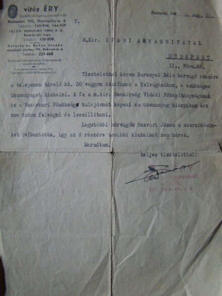 62-523 1943 vitéz Éry tüzelőnagykereskedő levele (Budapest)