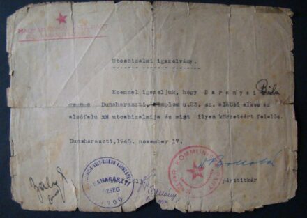 62-1115 1945 Utcabizalmi igazolvány a Magyar Komonista Párt Dunaharaszti alapszervezett pecsétjével, megviselt állapotban
