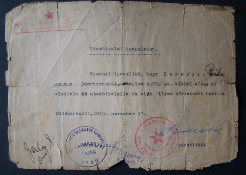 62-1115 1945 Utcabizalmi igazolvány a Magyar Komonista Párt Dunaharaszti alapszervezett pecsétjével, megviselt állapotban