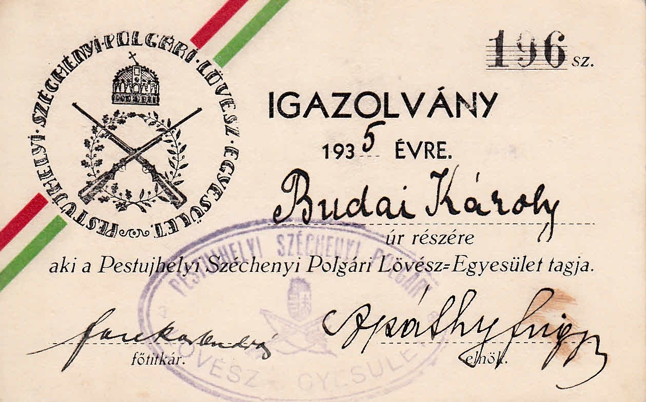 62-187 1935 Pestújhelyi Széchenyi Polgári Lövész Egyesület igazolványa, rajta az egyesület pecsétje