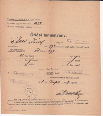 63-1305  1918 Örlési tanusítvány