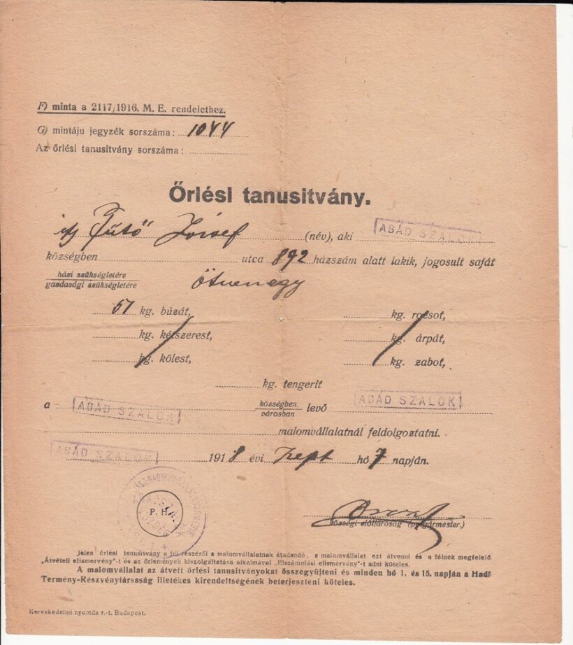 63-1305  1918 Örlési tanusítvány