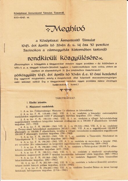 63-91 1943 Meghívó a Középtiszai Ármentesitő Társulat közgyülésére