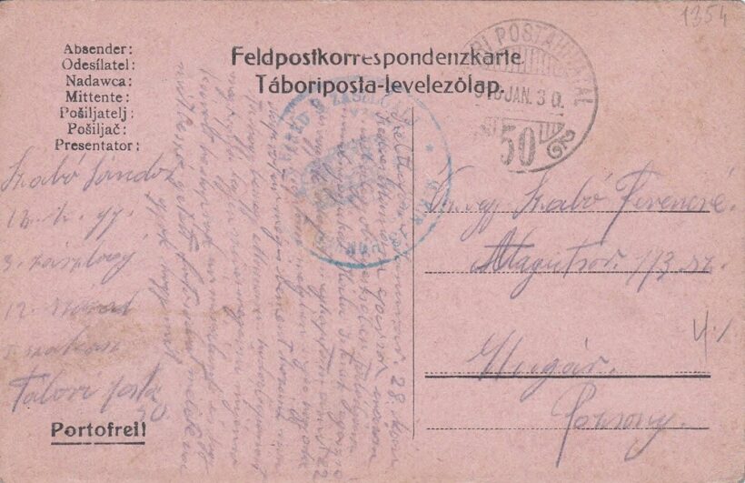 63-1354 1916 Tábori postai levelezőlap, Pozsonyba címezve
