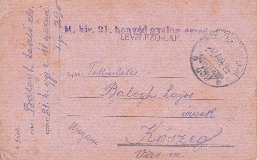 63-1310 1917. Tábori postai levelezőlap Kőszegre címezve, M. Kir. 21 honvéd gyalog ezred